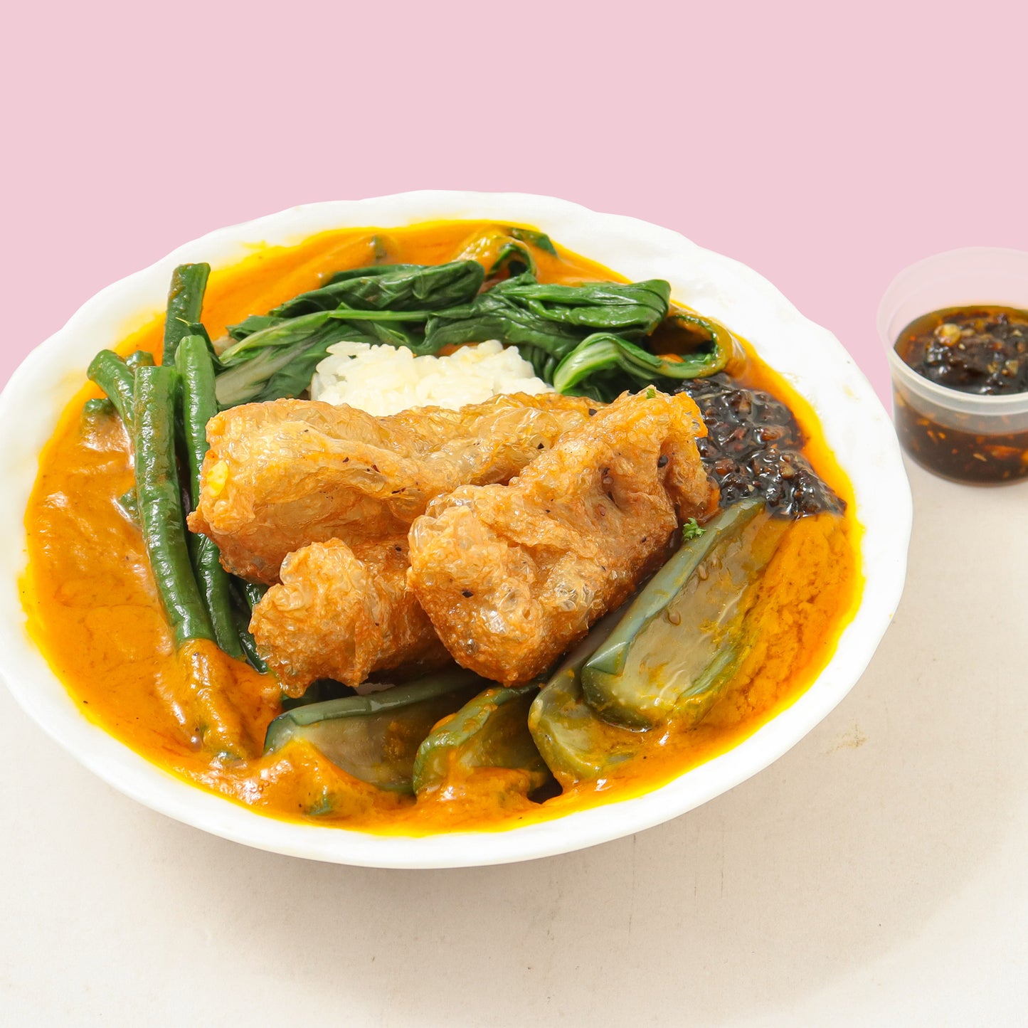 Crispy Vegan Bagnet Kare-Kare with Homemade Chili Bagoong Oil